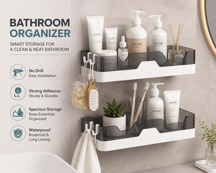 Mounted Bathroom Shelf Organizer with Drain Tray & Adhesive Stickers