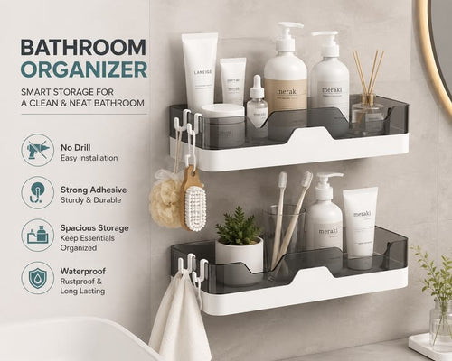 Mounted Bathroom Shelf Organizer with Drain Tray & Adhesive Stickers