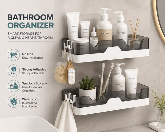 Mounted Bathroom Shelf Organizer with Drain Tray & Adhesive Stickers